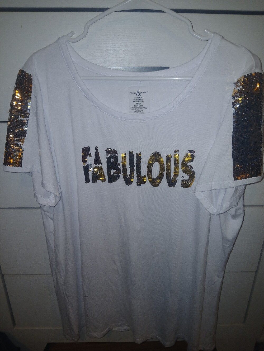 Ashley Stewart White Short Sleeve Tee with Gold Sequin 'FABULOUS'